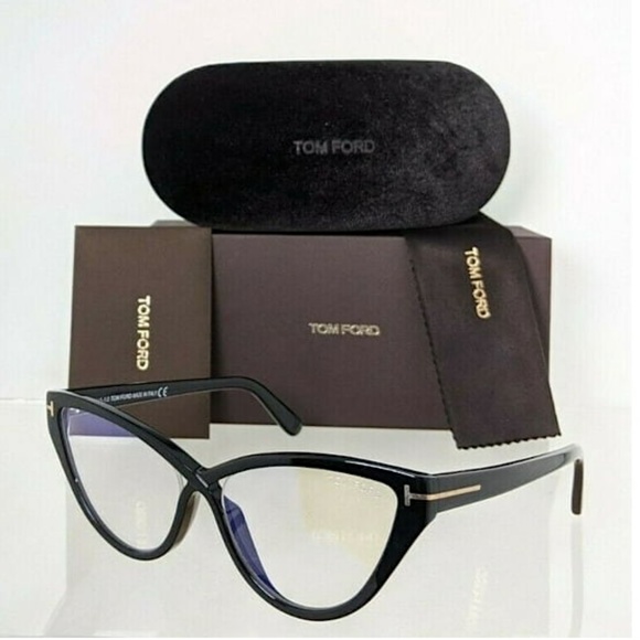 Tom Ford FT 5729B Eyeglasses 052 Shiny Dark Havana / Blue Block Lenses